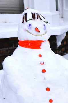 雪人胡萝卜鼻子巨大的有趣的微笑冬天
