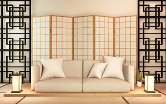 沙发木日本设计房间日本木地板上渲染