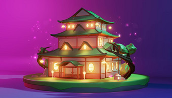 低聚日本房子岛紫色的蓝色的背景