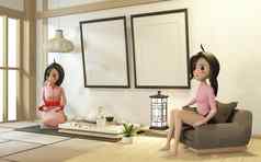 卡通女孩和服房间室内日本风格渠