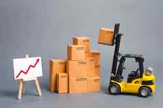 黄色的叉车卡车纸板盒子红色的箭头增加销售生产货物改善消费者情绪生产增长业务促销活动外国市场