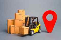 黄色的叉车卡车纸板盒子红色的位置销定位包货物算法构建最低路线交付订单跟踪包裹互联网