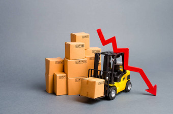 黄色的叉车卡车纸板盒子红色的箭头概念下降工业生产业务经济经济低迷不利的业务条件下降<strong>竞争力</strong>