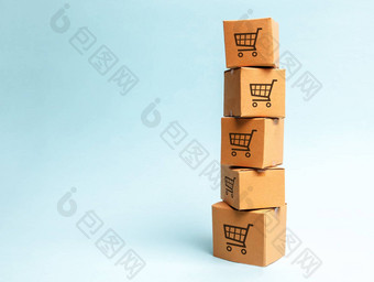 塔纸板盒子模式购物车蓝色的背景商务在线购物采购权力交付订单电子商务物流分布销售