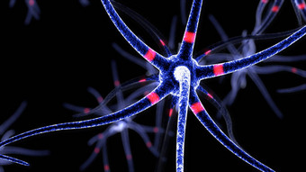 动画神经元黑暗蓝色的背景神经细胞发出红色的光