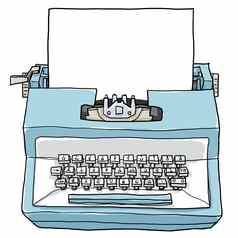 蓝色的打字机古董玩具纸可爱的手画艺术插图