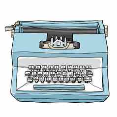 蓝色的打字机古董玩具可爱的手画艺术插图