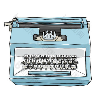 蓝色的打字机古董玩具可爱的手画艺术插图