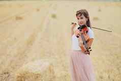 美丽的浪漫的女孩宽松的头发玩小提琴场