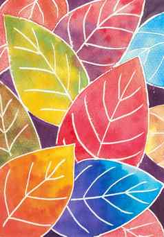 色彩鲜艳的秋天叶子背景水彩手绘画