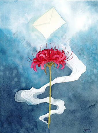 红色的蜘蛛莉莉浮动空气烟组花死亡日本文化手绘画水彩
