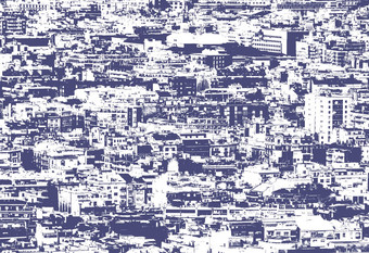 蓝色的白色双色版加工过的照片全景空中城市景观显示住宅业务区数百建筑