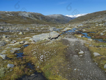 秋天视图<strong>红</strong>色的十字架旅游站山小屋建筑徒步旅行冰川斯莫斯塔<strong>布林</strong>蓝色的溪流白雪覆盖的山橙色莫斯希斯约顿海门国家公园西方挪威