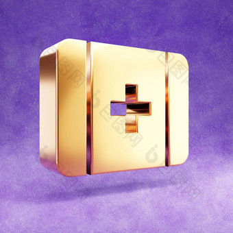 医疗包图标黄金光滑的医疗包象征孤立的紫罗兰色的天鹅绒背景