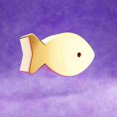 鱼图标黄金光滑的鱼象征孤立的紫罗兰色的天鹅绒背景