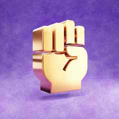拳头图标黄金光滑的拳头象征孤立的紫罗兰色的天鹅绒背景