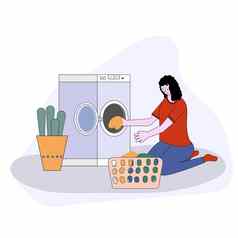 女人洗衣把脏衣服洗机篮子插图卡通风格