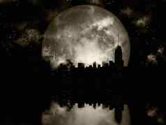 完整的月亮晚上城市