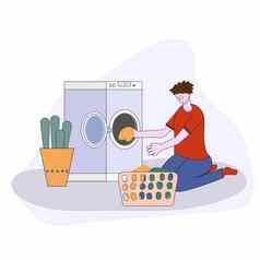卡通平插图的家伙蓝色的衣服折叠衣服手洗机洗涤剂