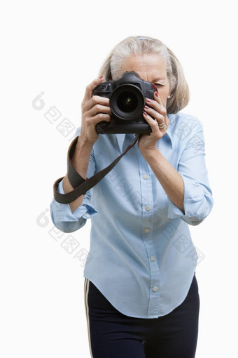 高级女摄影师相机白色背景