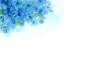框架靛蓝蓝色的绿松石花水彩手绘画插图花装饰元素问候卡婚礼邀请夏天广告