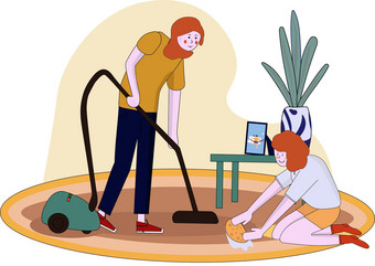 妈妈。女儿卡通做家务年轻的女人女孩洗地板上女人真空吸尘器清洁房子除尘