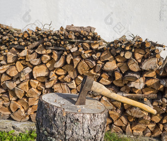 斧切块切碎木桩夷为平地白色墙