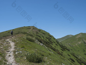 美丽的山景观西方塔特拉山山rohace但徒步旅行者背包徒步旅行小道脊锋利的绿色长满草的岩石山山峰擦洗松夏天蓝色的天空背景