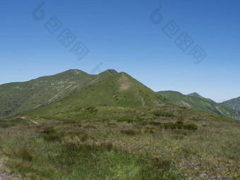 美丽的山景观西方塔特拉山山rohace徒步旅行小道脊锋利的绿色长满草的岩石山山峰擦洗松高山花草地夏天蓝色的天空背景