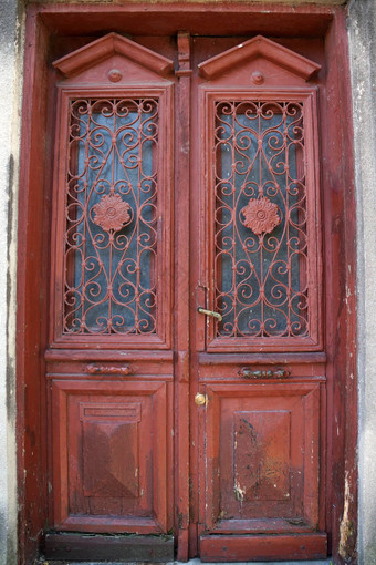 古董入口木棕色（的）通过玻璃