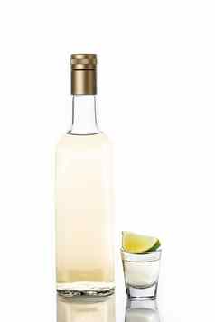 墨西哥黄金龙舌兰酒瓶玻璃孤立的白色背景