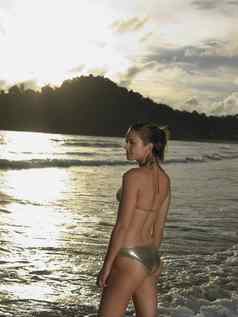 肖像年轻的有吸引力的女人穿比基尼摆姿势海滩