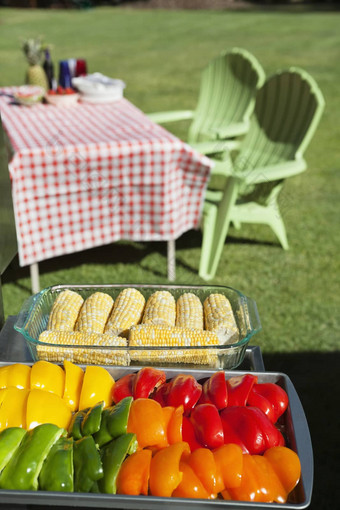 片贝尔辣椒甜蜜的玉米玻璃容器餐厅表格椅子草坪上