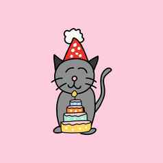 可爱的灰色的猫穿红色的白色聚会，派对他色彩斑斓的蛋糕