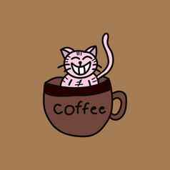 手画可爱的粉红色的猫微笑坐着咖啡杯