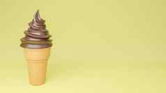 软服务冰奶油巧克力口味脆皮锥黄色的背景模型插图