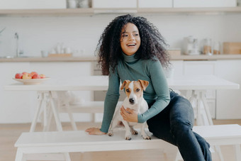 快乐的非洲式发型女人坐在白色板凳上狗厨房室内表格板完整的红色的苹果快乐玩首页动物老板感觉护理责任