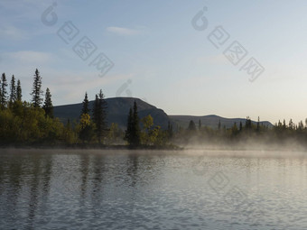 美丽的早....湖Sjabatjakjaure阴<strong>霾雾</strong>瑞典拉普兰自然山桦木树云杉森林岩石巨石草天空云清晰的水