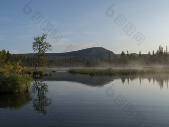 美丽的早....湖Sjabatjakjaure阴霾雾瑞典拉普兰自然山桦木树云杉森林岩石巨石草天空云清晰的水