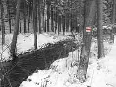 雪覆盖森林水流溪树分支机构石头田园冬天景观黑色的白色红色的徒步旅行者标志