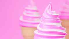 软服务冰奶油草莓牛奶口味脆皮锥粉红色的背景模型插图