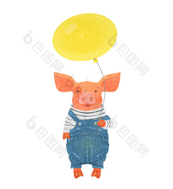 可爱的猪持有气球