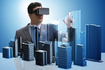 男人。虚拟现实护目镜城市规划