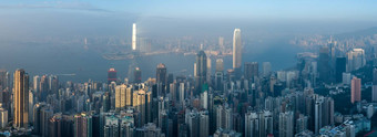 全景空中视图在香港香港天际线维多利亚港口