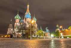 圣罗勒的大教堂纪念碑米宁波扎尔斯基红色的广场晚上莫斯科俄罗斯