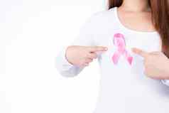 乳房癌症意识丝带女人胸部孤立的白色背景医疗医疗保健广告概念