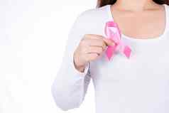 乳房癌症意识丝带女人胸部孤立的白色背景医疗医疗保健广告概念