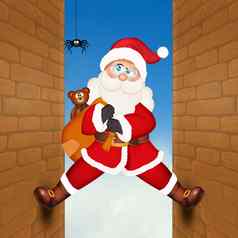 圣诞老人老人攀爬房屋墙
