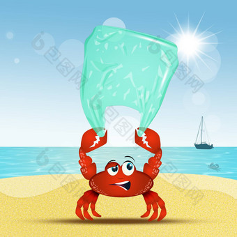 蟹收集塑料海滩