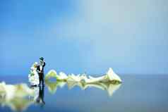 微型摄影户外婚姻婚礼概念新娘新郎走白色玫瑰花桩